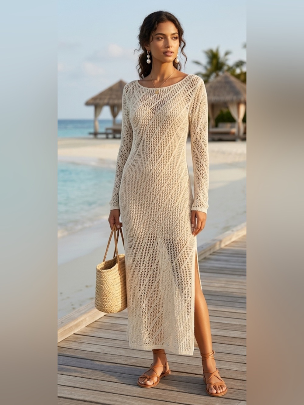 SHEIN Cream Crochet Long Sleeve Beach Cover-Up Dress